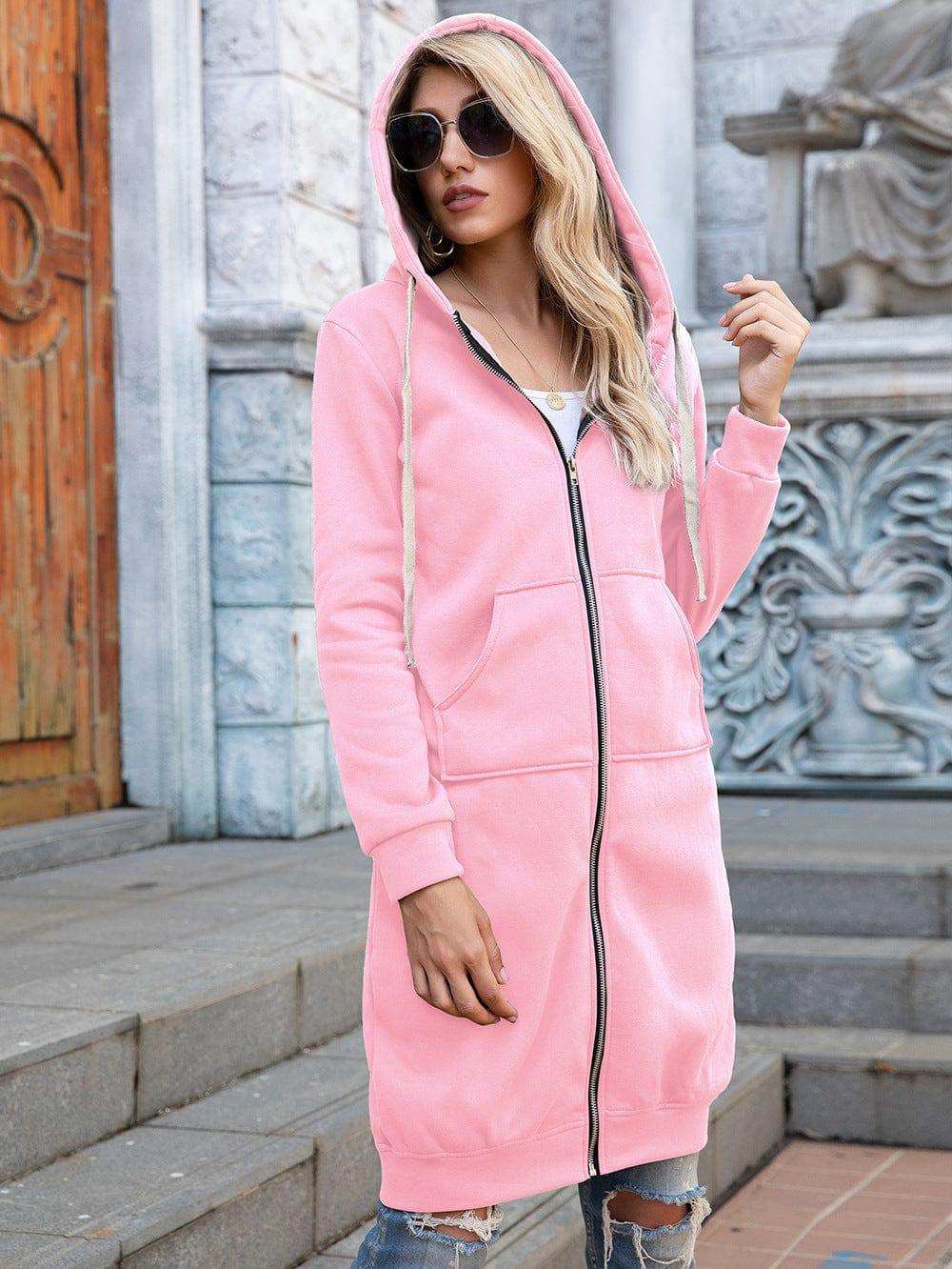 Full Size Zip-Up Longline Hoodie with Pockets - Trendsi - Flyclothing LLC