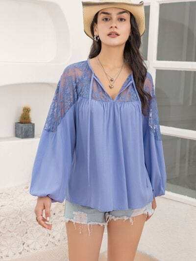 Lace Detail Tie Neck Balloon Sleeve Blouse - Trendsi - Flyclothing LLC