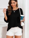 Rolled Round Neck Dropped Shoulder Slit Sweater - Trendsi - Flyclothing LLC