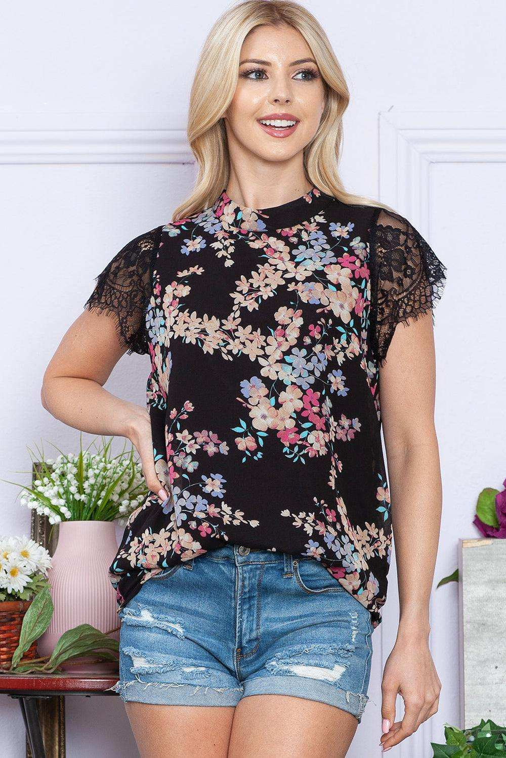 Floral Mock Neck Lace Short Sleeve Top - Trendsi - Flyclothing LLC