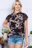 Floral Mock Neck Lace Short Sleeve Top - Trendsi - Flyclothing LLC