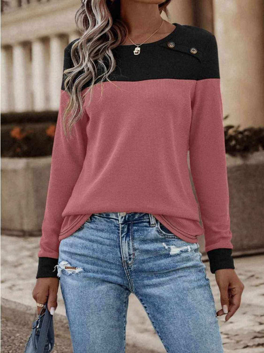 Contrast Buttoned Round Neck Long Sleeve T-Shirt - Trendsi - Flyclothing LLC