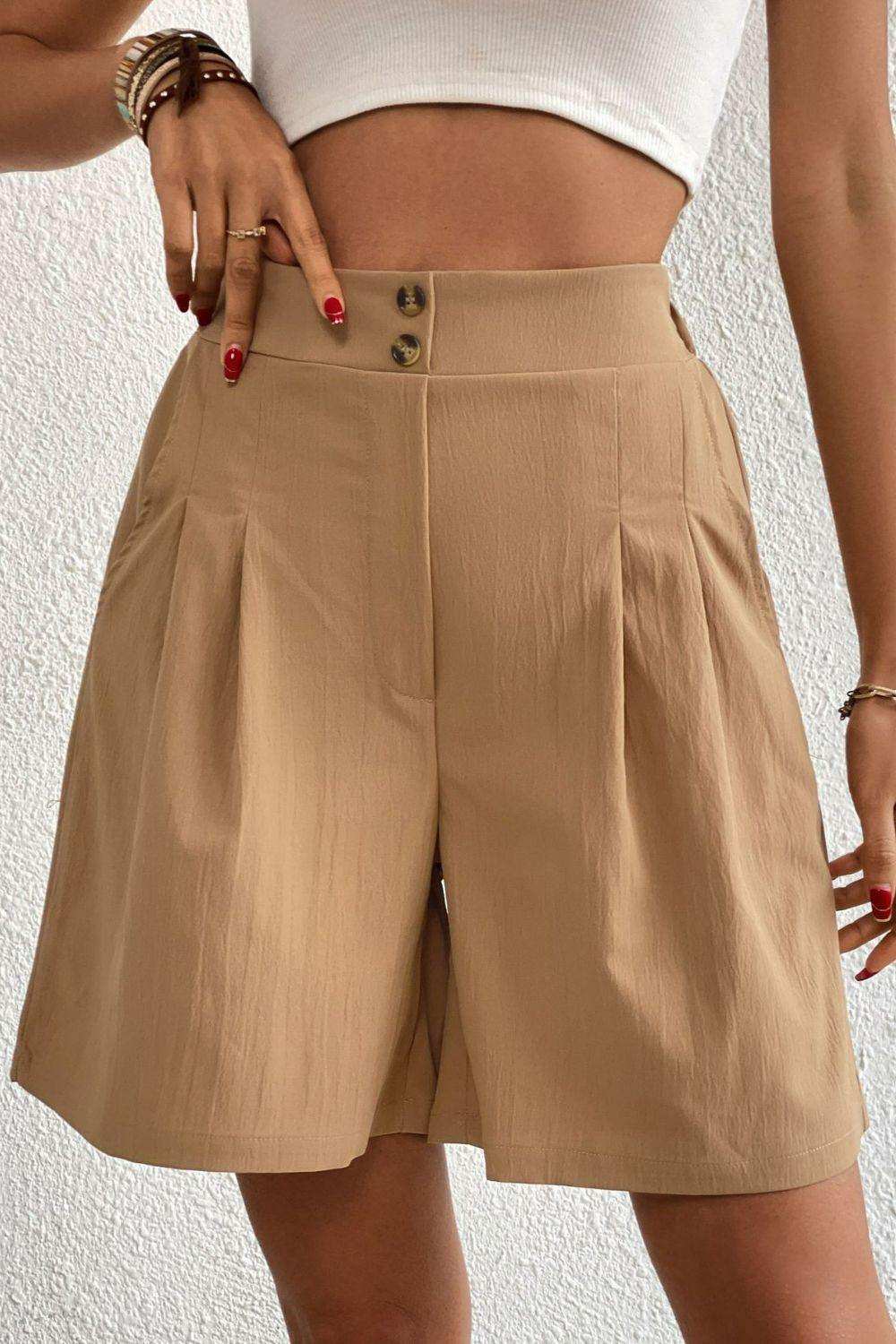 Buttoned Elastic Waist Pleated Detail Shorts - Trendsi - Flyclothing LLC