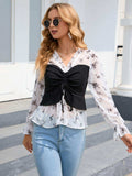 Floral Frill Trim Flounce Sleeve Drawstring Blouse - Trendsi - Flyclothing LLC
