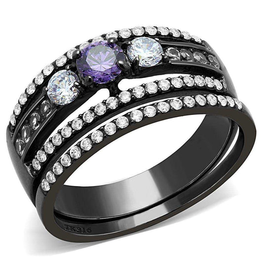 Alamode IP Black(Ion Plating) Stainless Steel Ring with AAA Grade CZ in Amethyst - Alamode - Flyclothing LLC
