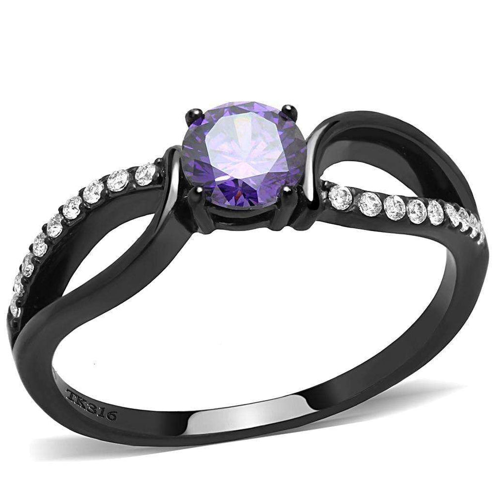 Alamode IP Black(Ion Plating) Stainless Steel Ring with AAA Grade CZ in Amethyst - Alamode - Flyclothing LLC