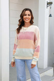 Waffle-Knit Round Neck Dropped Shoulder Color Block Sweater - Trendsi - Flyclothing LLC