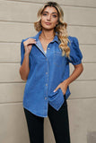 Puff Sleeve Collared Denim Top - Trendsi - Flyclothing LLC