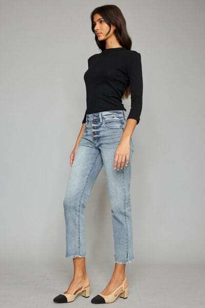 Kancan High Waist Button Fly Raw Hem Cropped Straight Jeans - Trendsi - Flyclothing LLC