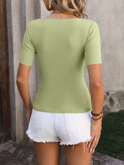 Square Neck Short Sleeve Sweater - Trendsi - Flyclothing LLC