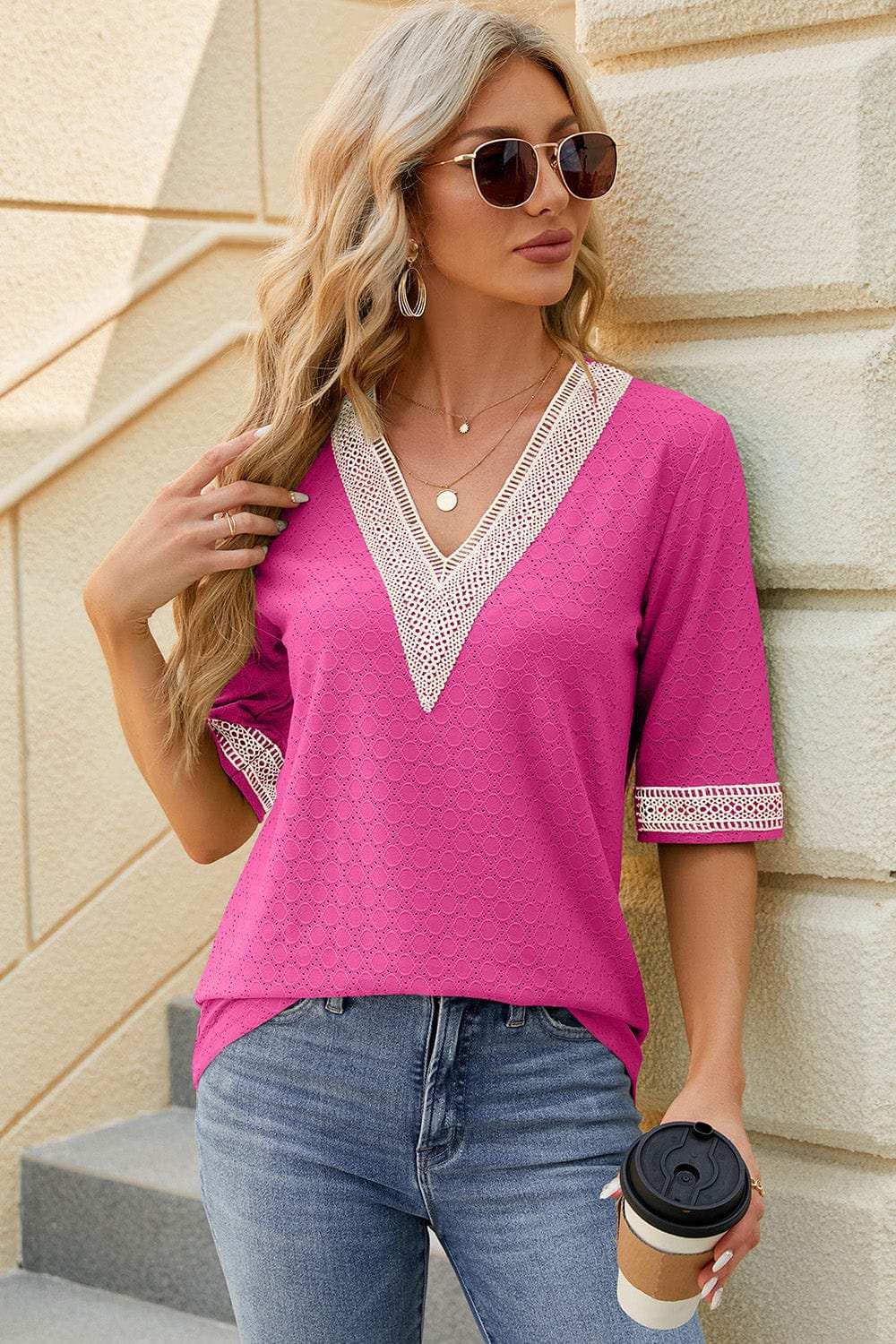 V-Neck Half Sleeve T-Shirt - Trendsi - Flyclothing LLC