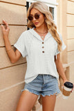 Eyelet Drawstring Hooded Short Sleeve Blouse - Trendsi - Flyclothing LLC