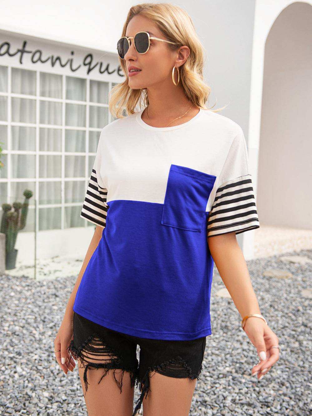 Striped Color Block Round Neck Tee - Trendsi - Flyclothing LLC