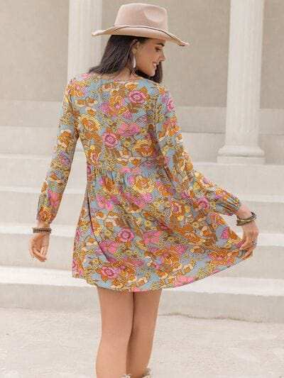Printed V-Neck Balloon Sleeve Mini Dress - Trendsi - Flyclothing LLC