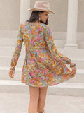 Printed V-Neck Balloon Sleeve Mini Dress - Trendsi - Flyclothing LLC