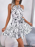 Halter Neck Printed Tie Waist Sleeveless Mini Dress - Trendsi - Flyclothing LLC