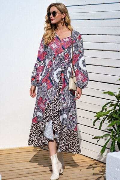 Leopard Ruffle Trim V-Neck Printed Dress - Trendsi - Flyclothing LLC