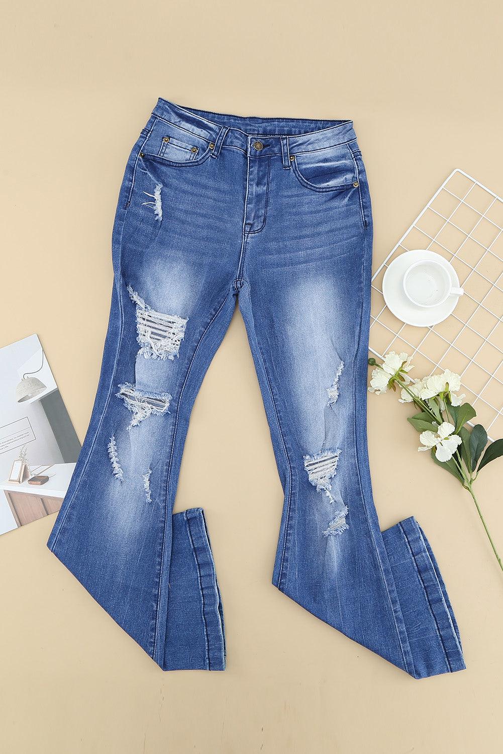 Distressed Flare Leg Jeans with Pockets - Flyclothing LLC