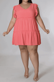 Plus Size V-Neck Frill Trim Mini Dress - Trendsi - Flyclothing LLC