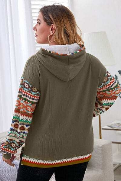 Plus Size Waffle-Knit Geometric Dropped Shoulder Hoodie - Trendsi - Flyclothing LLC