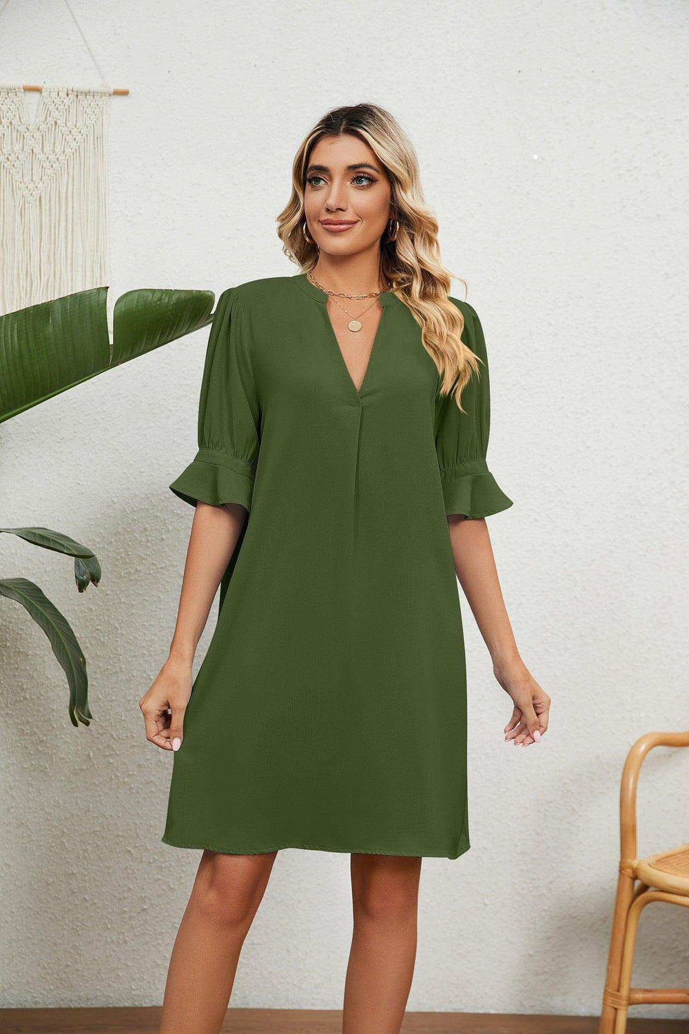 Notched Neck Flounce Sleeve Dress - Trendsi - Flyclothing LLC
