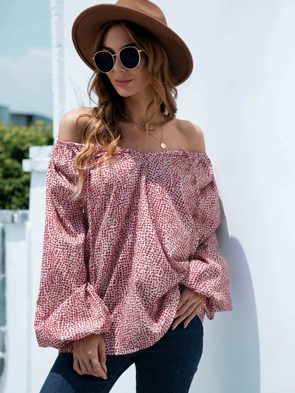 Printed Tie-Neck Balloon Sleeve Blouse - Trendsi - Flyclothing LLC