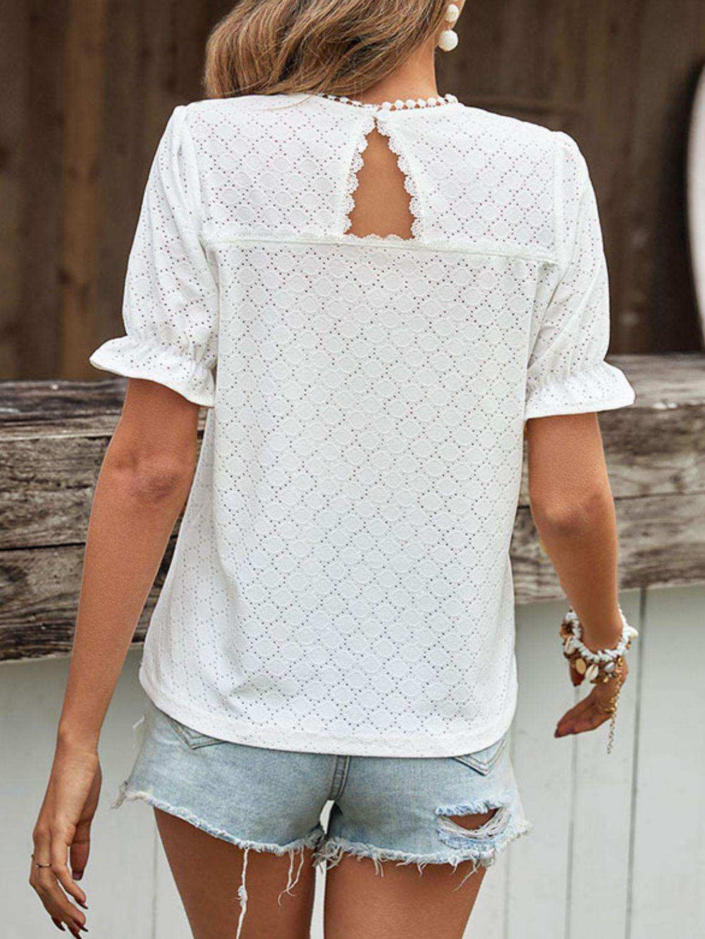 Pom Pom Detail Openwork Flounce Sleeve Blouse - Trendsi - Flyclothing LLC