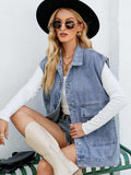 Collared Neck Sleeveless Denim Top with Pockets - Trendsi - Flyclothing LLC