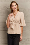 V-Neck Tie Front Half Sleeve Blouse - Trendsi - Flyclothing LLC
