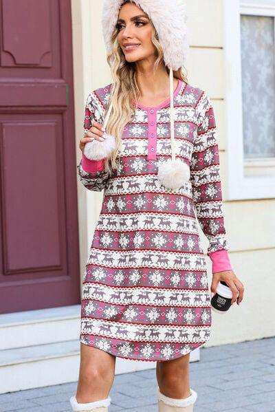 Christmas Pattern Half Button Dress - Trendsi - Flyclothing LLC