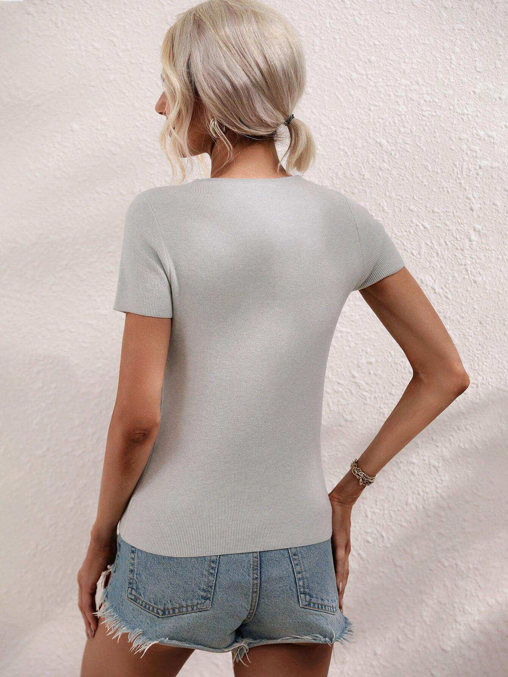 Cutout Round Neck Short Sleeve Knit Top - Trendsi - Flyclothing LLC