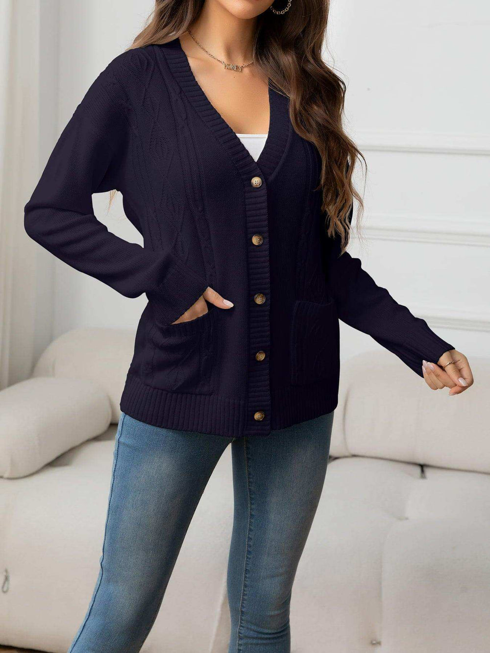 V-Neck Long Sleeve Buttoned Knit Top with Pocket - Trendsi - Flyclothing LLC