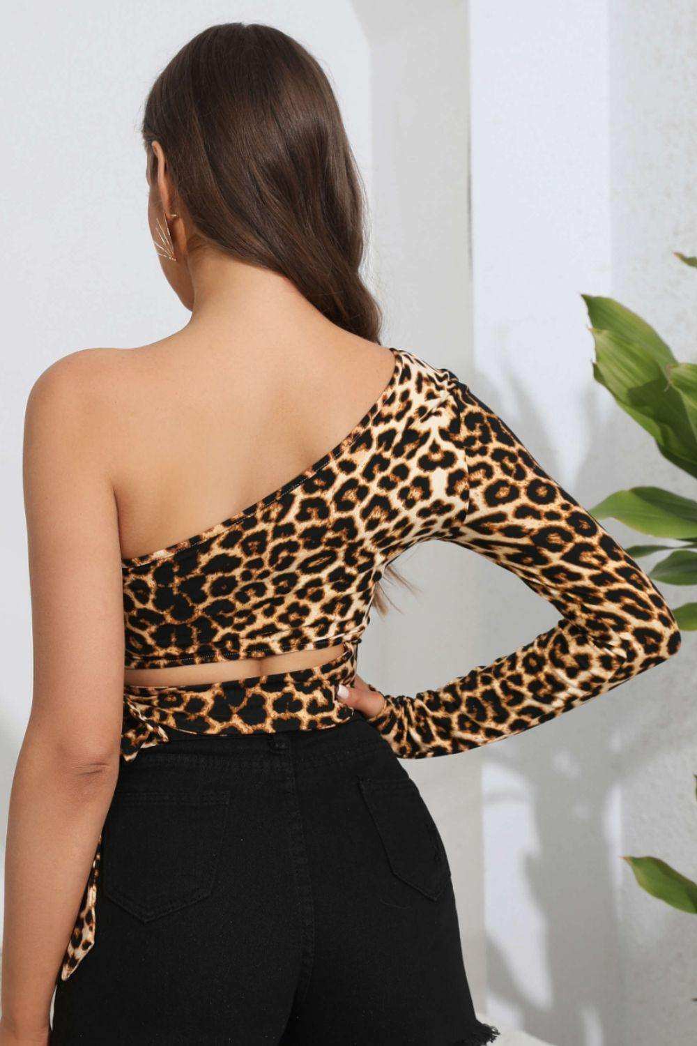 Leopard Cutout One-Shoulder Cropped Top - Trendsi - Flyclothing LLC