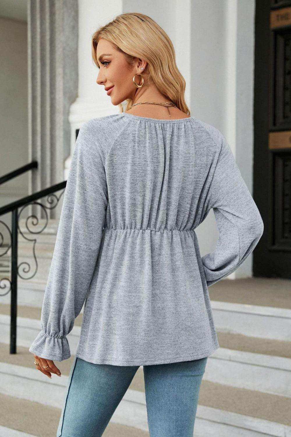 Round Neck Flounce Sleeve Blouse - Trendsi - Flyclothing LLC