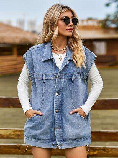 Button Up Collared Neck Sleeveless Denim Jacket - Trendsi - Flyclothing LLC