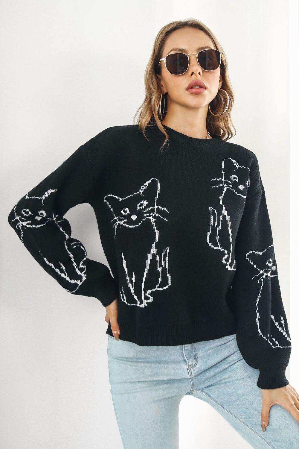 Cat Pattern Round Neck Long Sleeve Pullover Sweater - Trendsi - Flyclothing LLC