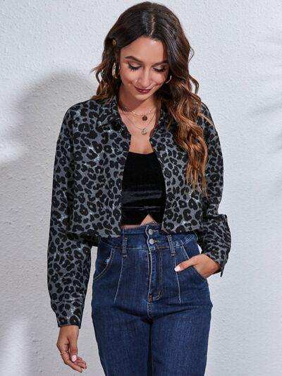 Leopard Button Up Collared Neck Cropped Jacket - Trendsi - Flyclothing LLC