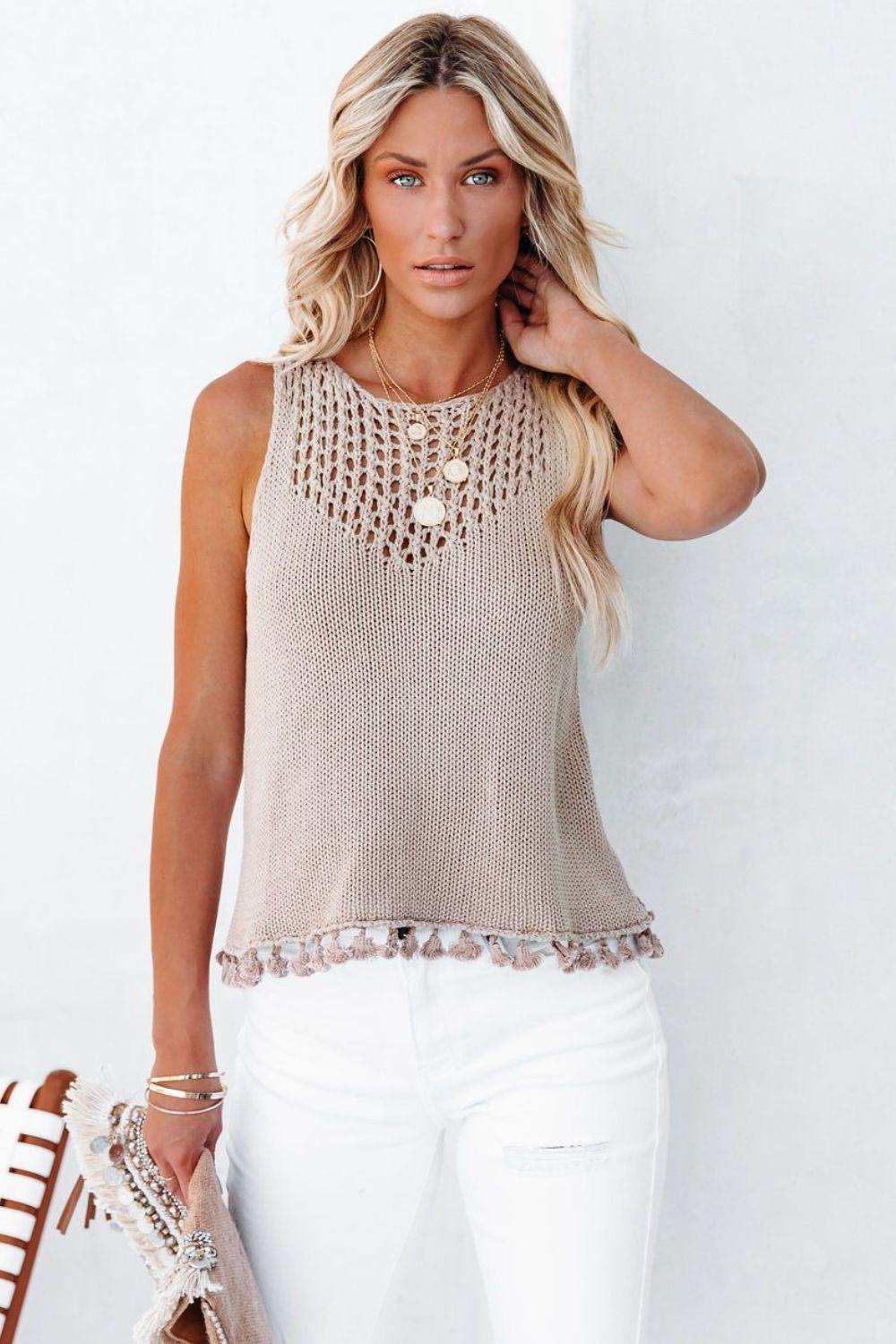 Openwork Tassel Hem Knit Tank - Trendsi - Flyclothing LLC