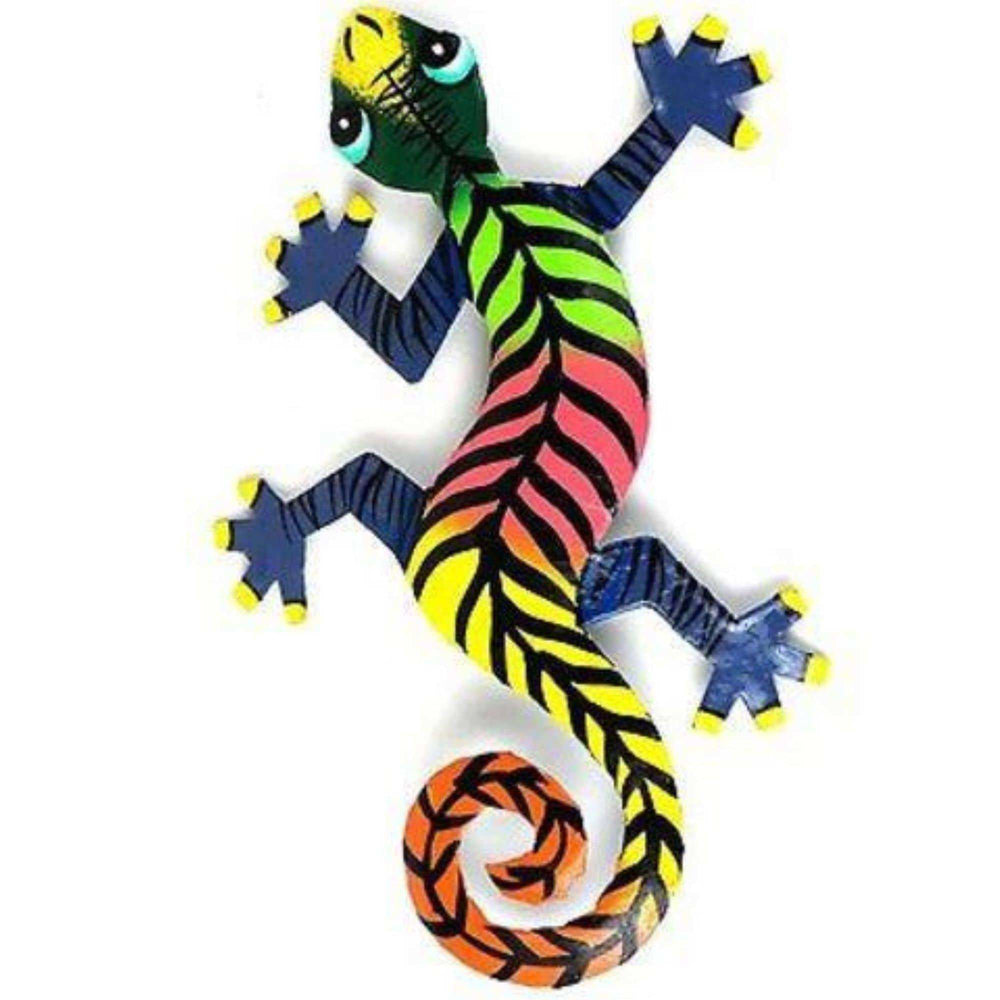 Colorful Gecko Haitian Steel Drum Wall Art, 13 inch Black Stipes - Caribbean Craft - Flyclothing LLC