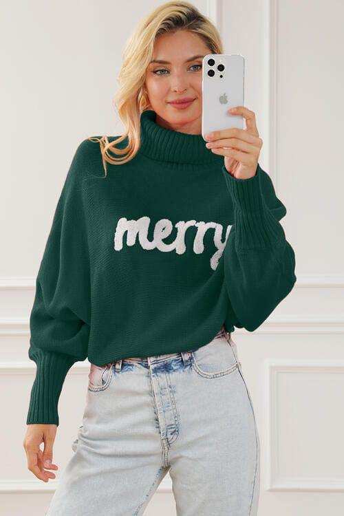 Merry Letter Embroidered High Neck Sweater - Trendsi - Flyclothing LLC