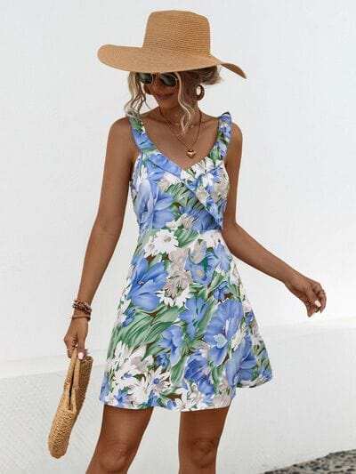 Printed Ruffled Surplice Wide Strap Mini Dress - Trendsi - Flyclothing LLC