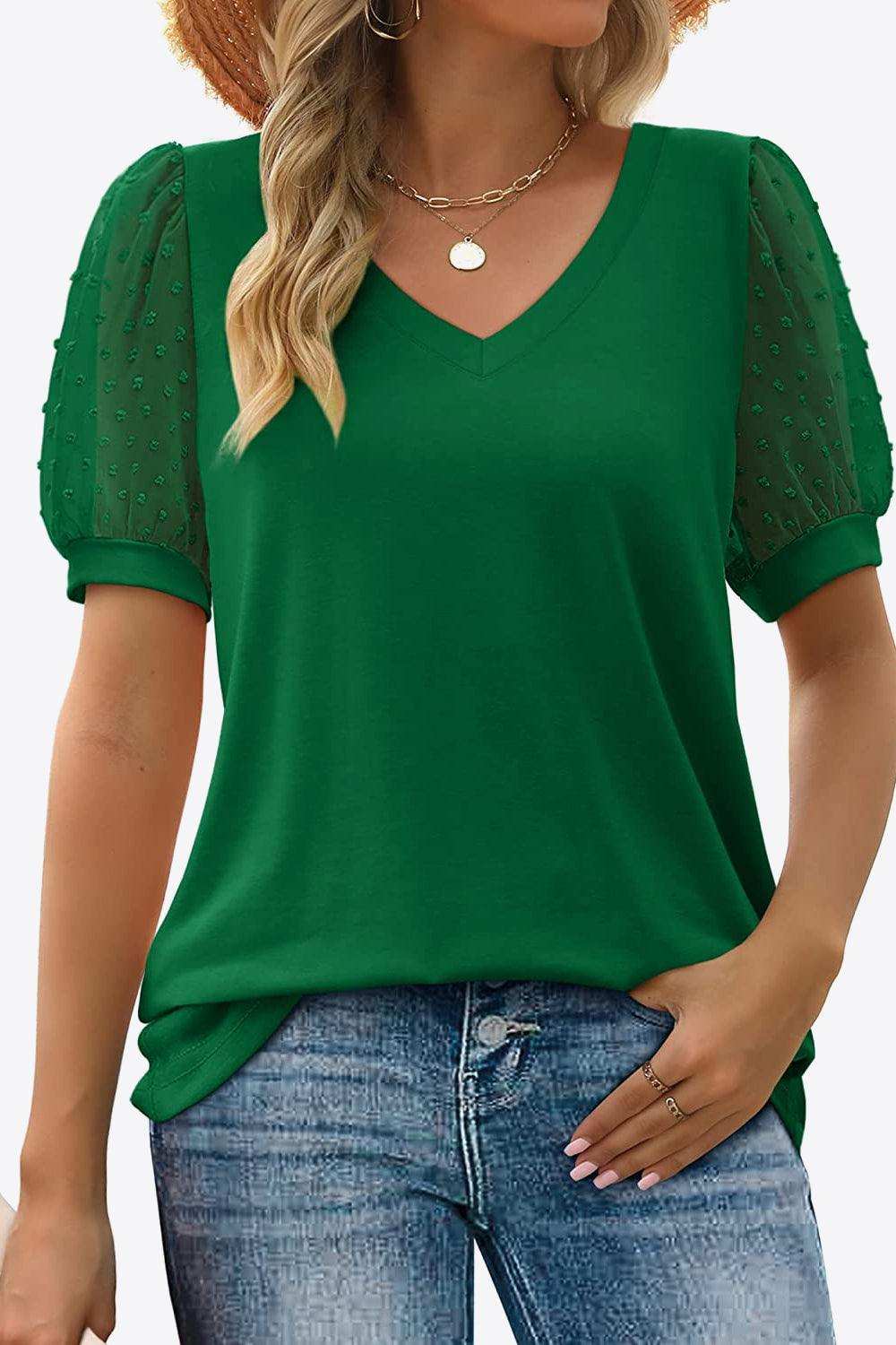 Swiss Dot Puff Sleeve V-Neck Tee - Trendsi - Flyclothing LLC
