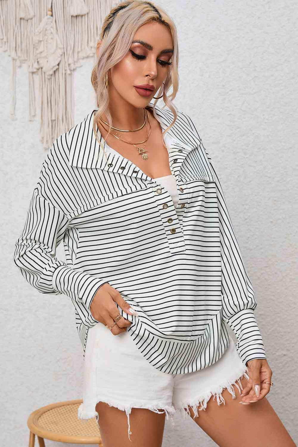 Full Size Striped Collared Top - Trendsi - Flyclothing LLC