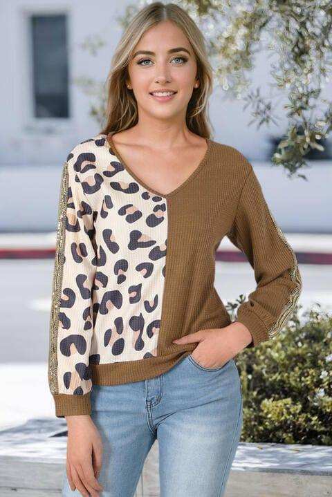 Leopard V-Neck Waffle-Knit Top - Trendsi - Flyclothing LLC
