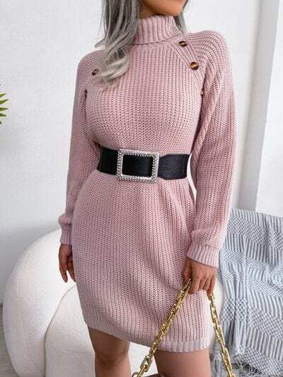 Decorative Button Turtleneck Sweater Dress - Trendsi - Flyclothing LLC