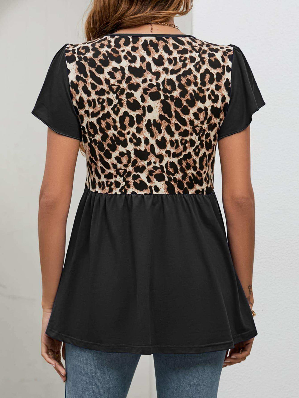 Leopard Round Neck Flutter Sleeve Babydoll Blouse - Trendsi - Flyclothing LLC