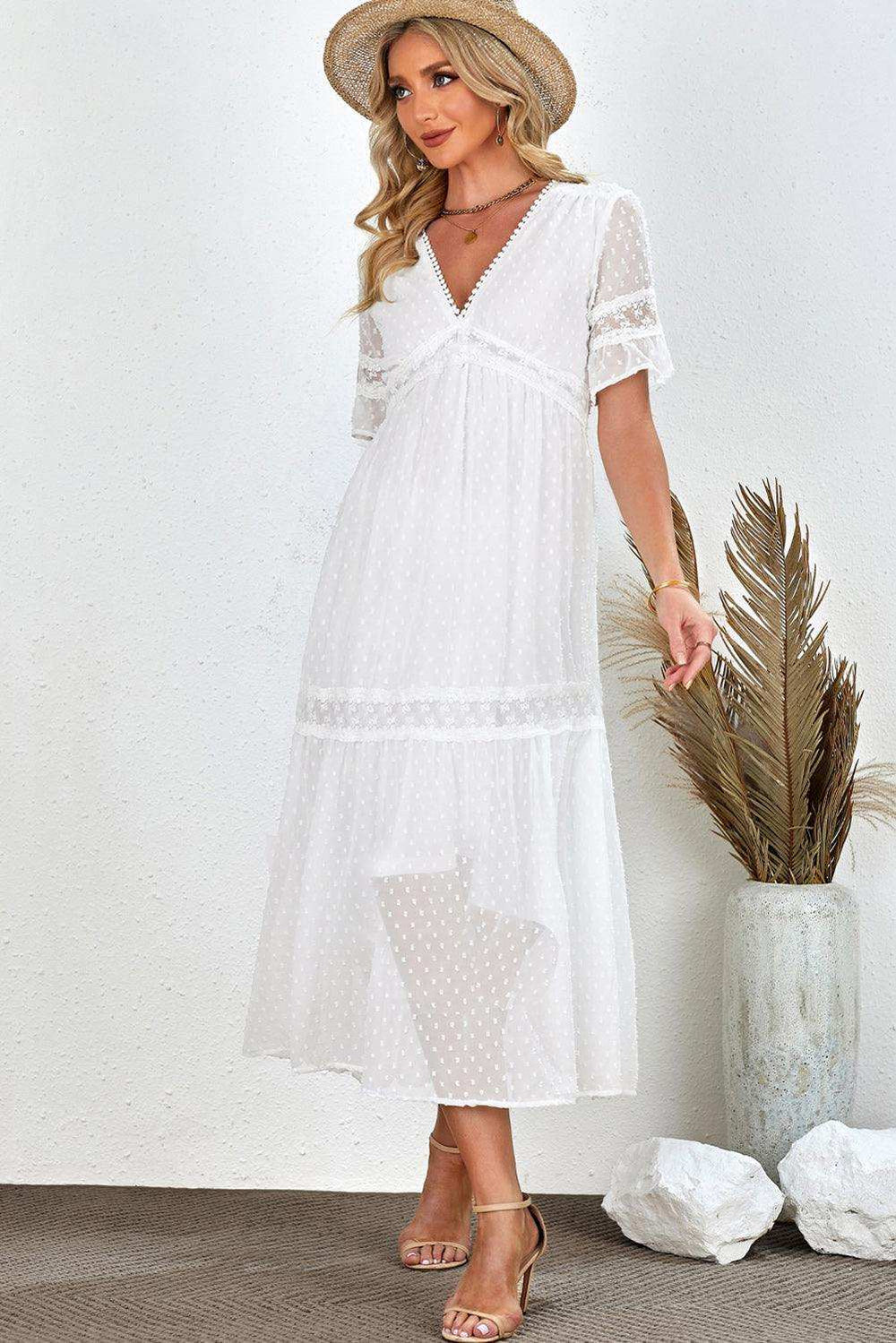 Swiss Dot V-Neck Short Sleeve Midi Dress - Trendsi - Flyclothing LLC