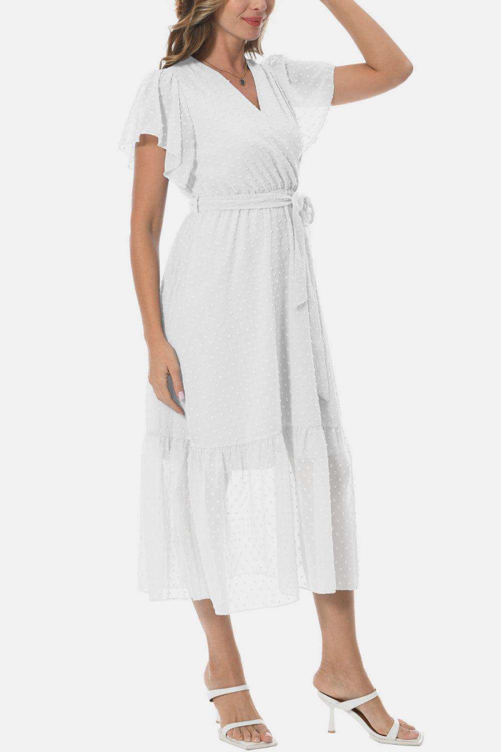 Surplice Neck Flutter Sleeve Tied Dress - Trendsi - Flyclothing LLC