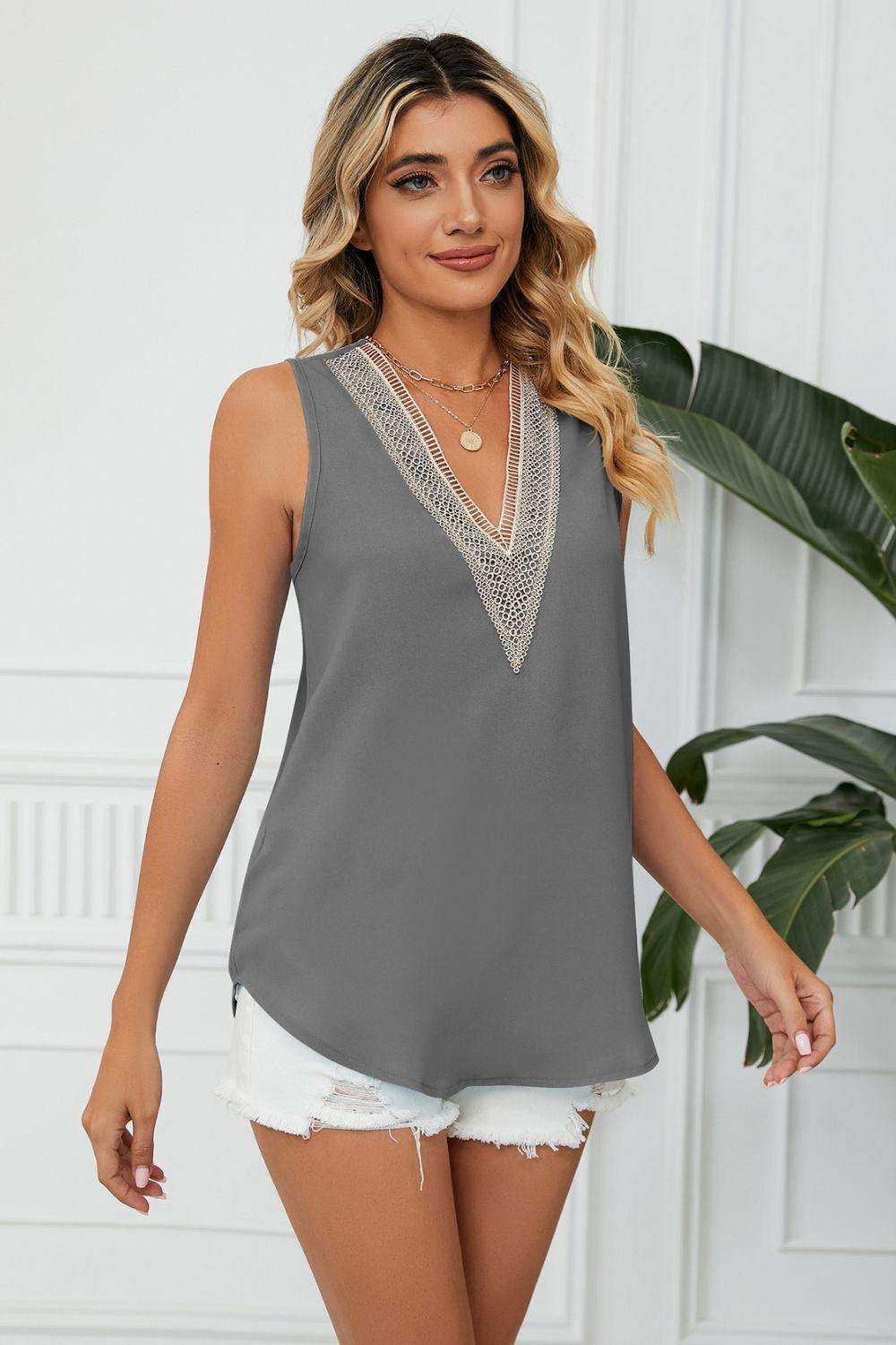Contrast Trim Plunge Sleeveless Blouse - Trendsi - Flyclothing LLC