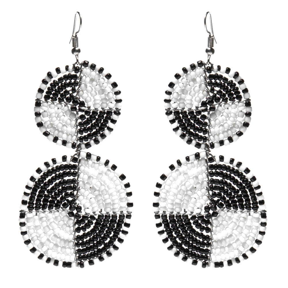 Maasai Bead Double Circle Dangle Earrings, White and Black - Jedando - Flyclothing LLC